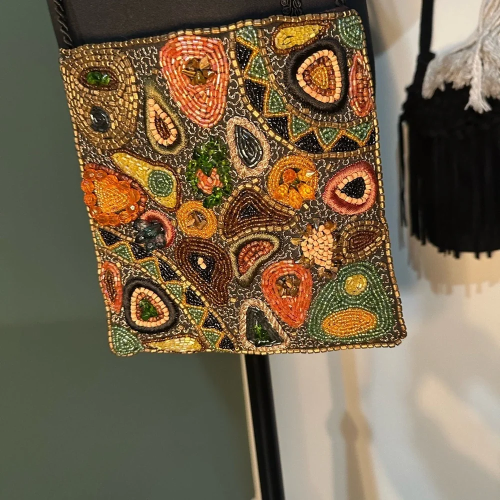 Vintage Hand Beaded Crossbody Purse Boho Artisan Made in India Seed Bead Bag